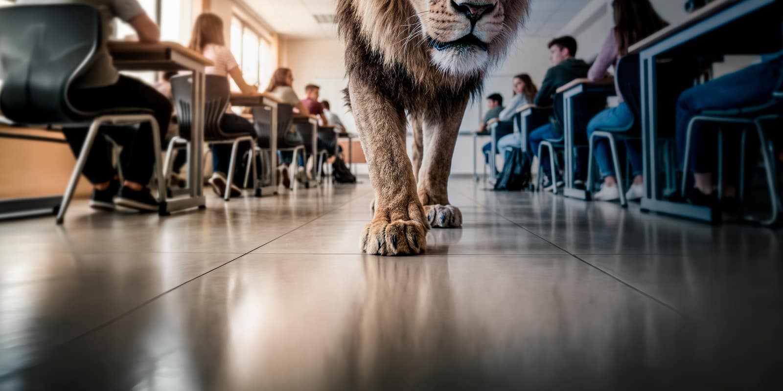 Leão caminhando entre as carteiras de uma sala de aula iluminada, símbolo do Sistema Anglo